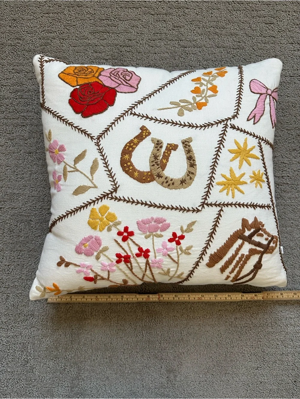 Embroidered Horse & Horseshoe Floral Throw Pillow